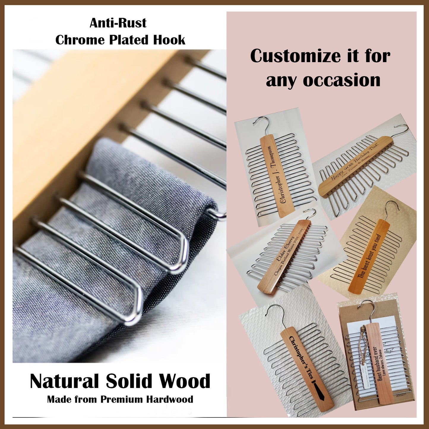 custom personalized tie hanger belt hanger, christmas gift tie hanger, wood chrome metal tie hanger, groomsman gift, father's day, gift for men