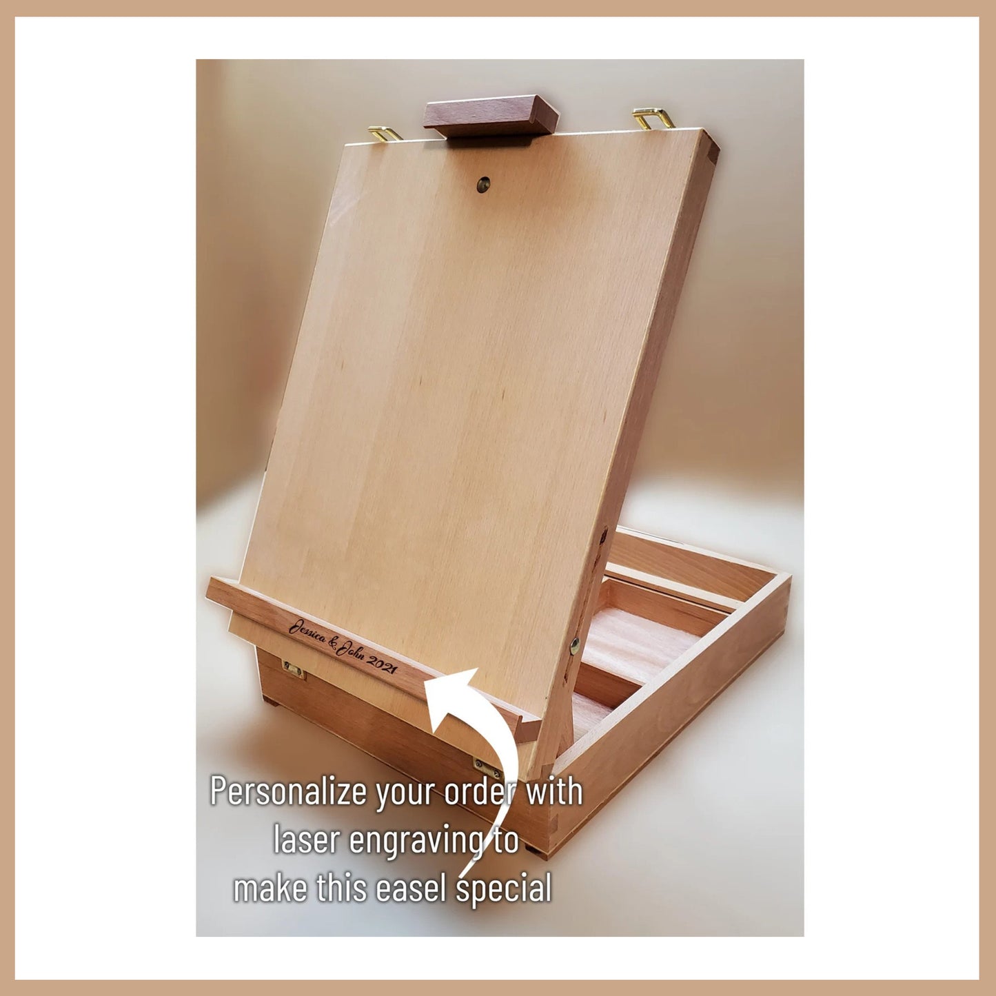 Personalized wooden easel box with storage compartments for art supplies