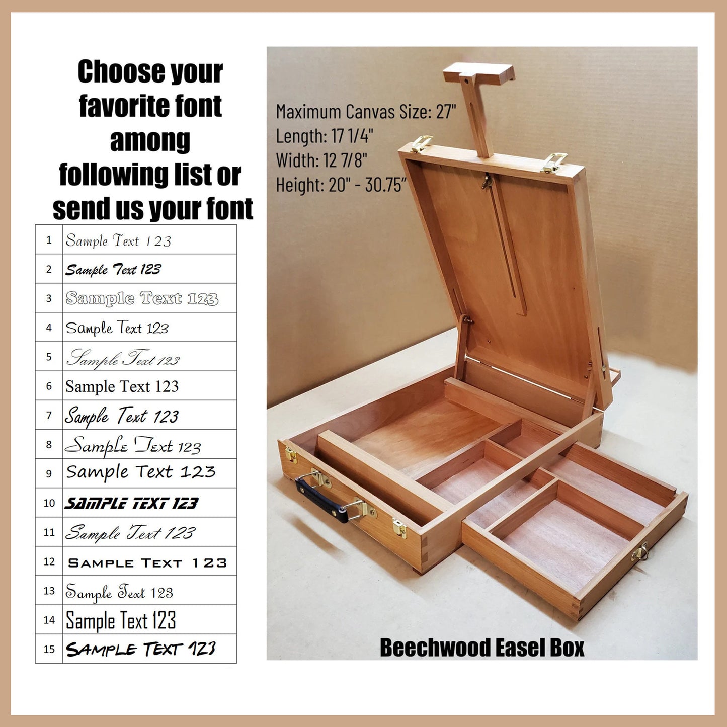 Custom wooden artist box with built-in easel and name engraving