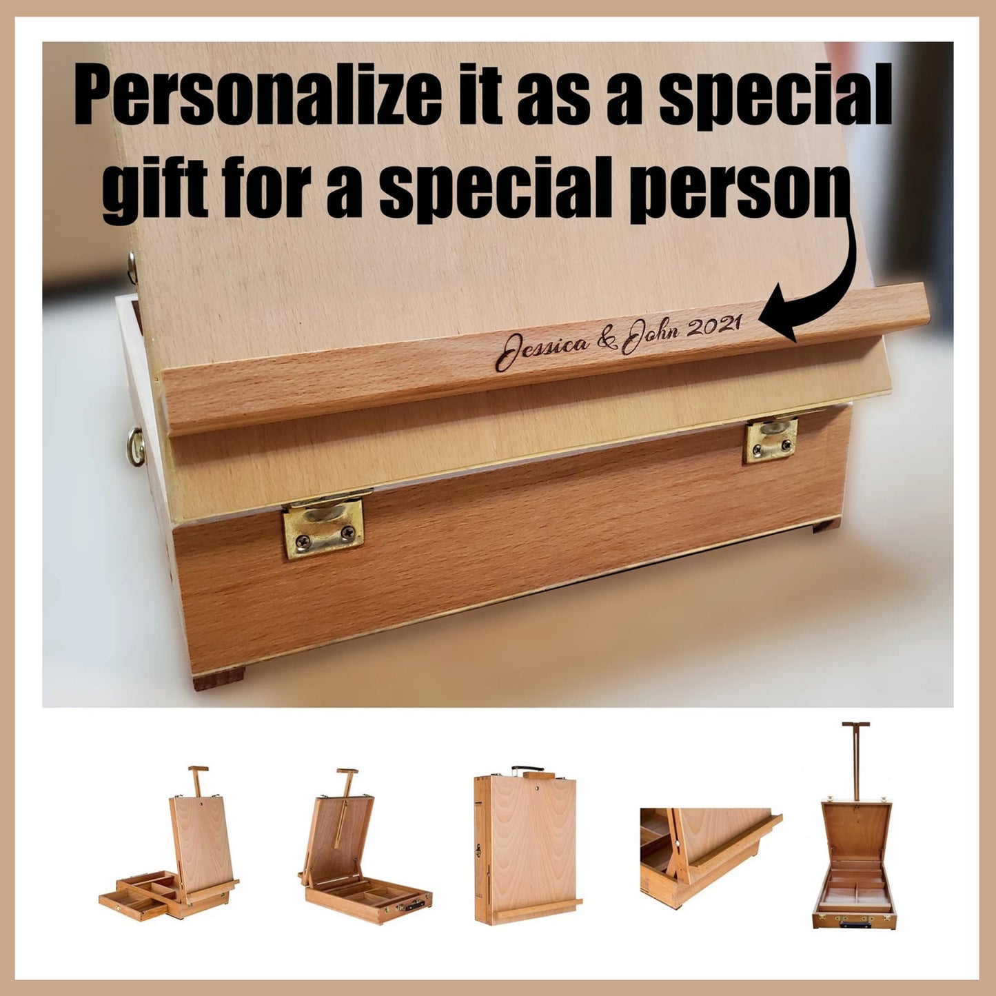Engraved portable wooden easel box for painting, sketching, and drawing