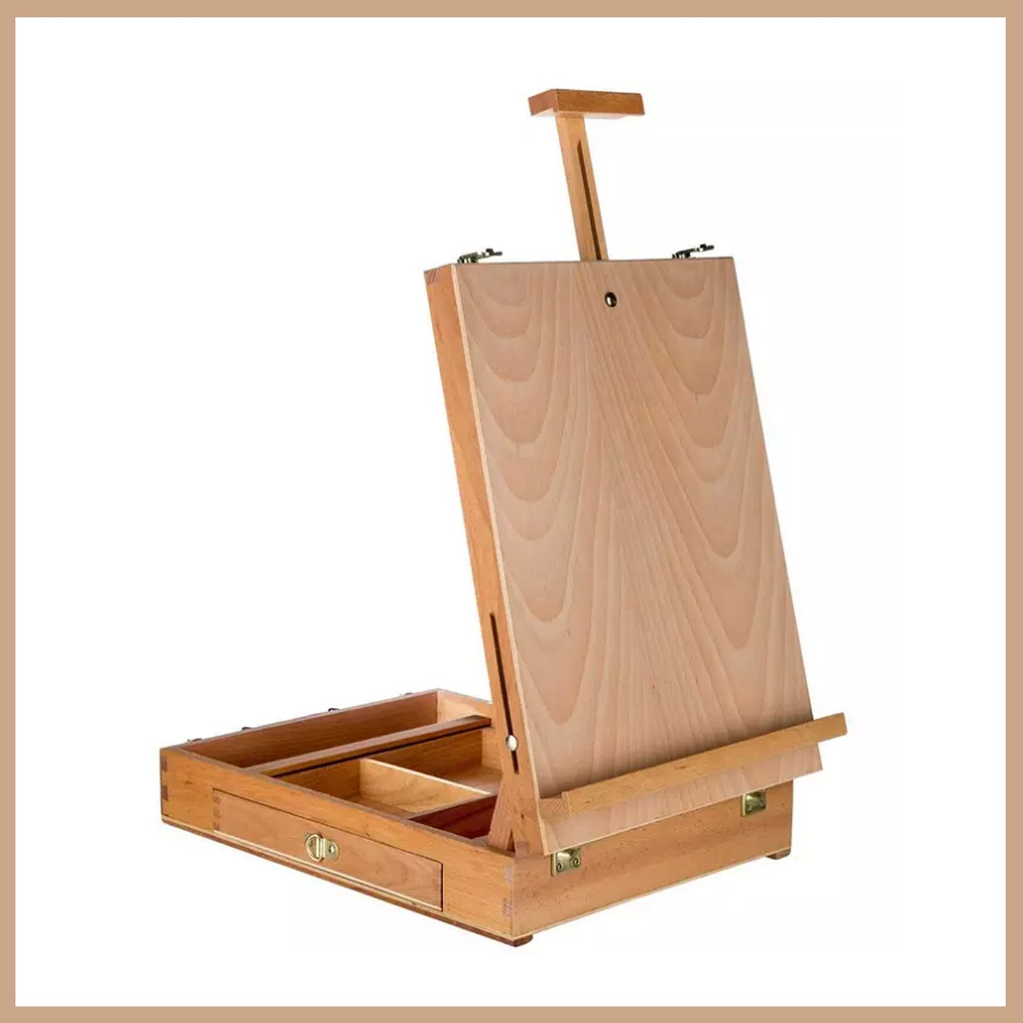Wooden artist easel box with handle and personalized front engraving